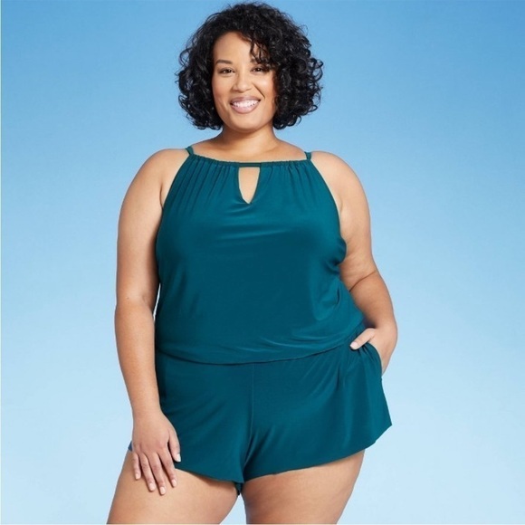 Aqua Green Swim Romper. High neck size 26 W.  NWT - Picture 2 of 7